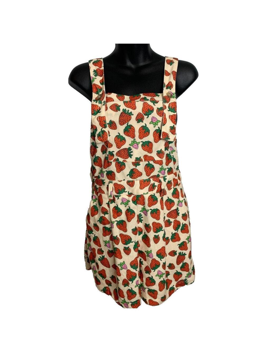 Cider Strawberry Print Corduroy Short Overalls Women's XS NEW